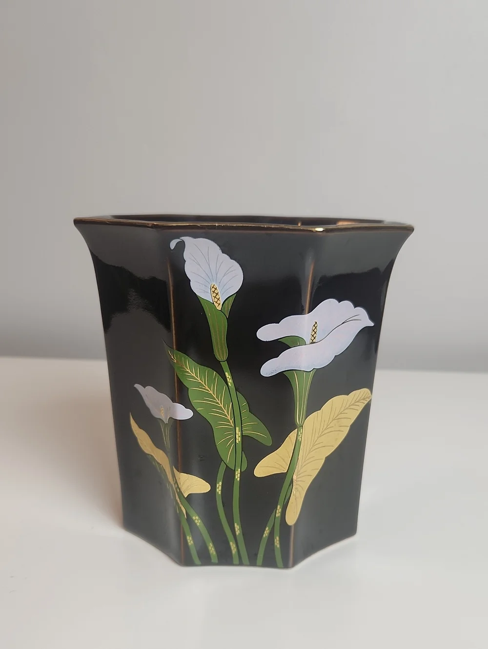 Vintage 80s Black Hexagon Calla Lily Vase